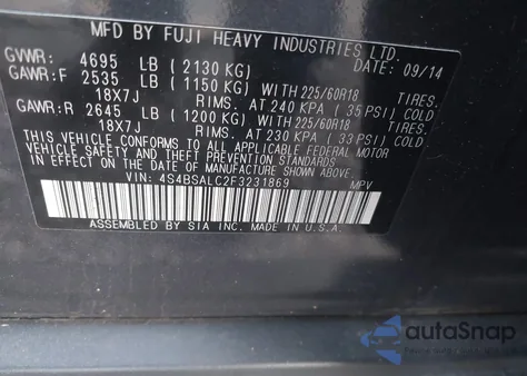 2015 Subaru Outback 2.5I Limited z USA, uszkodzony, nr VIN 4S4BSALC2F3231869